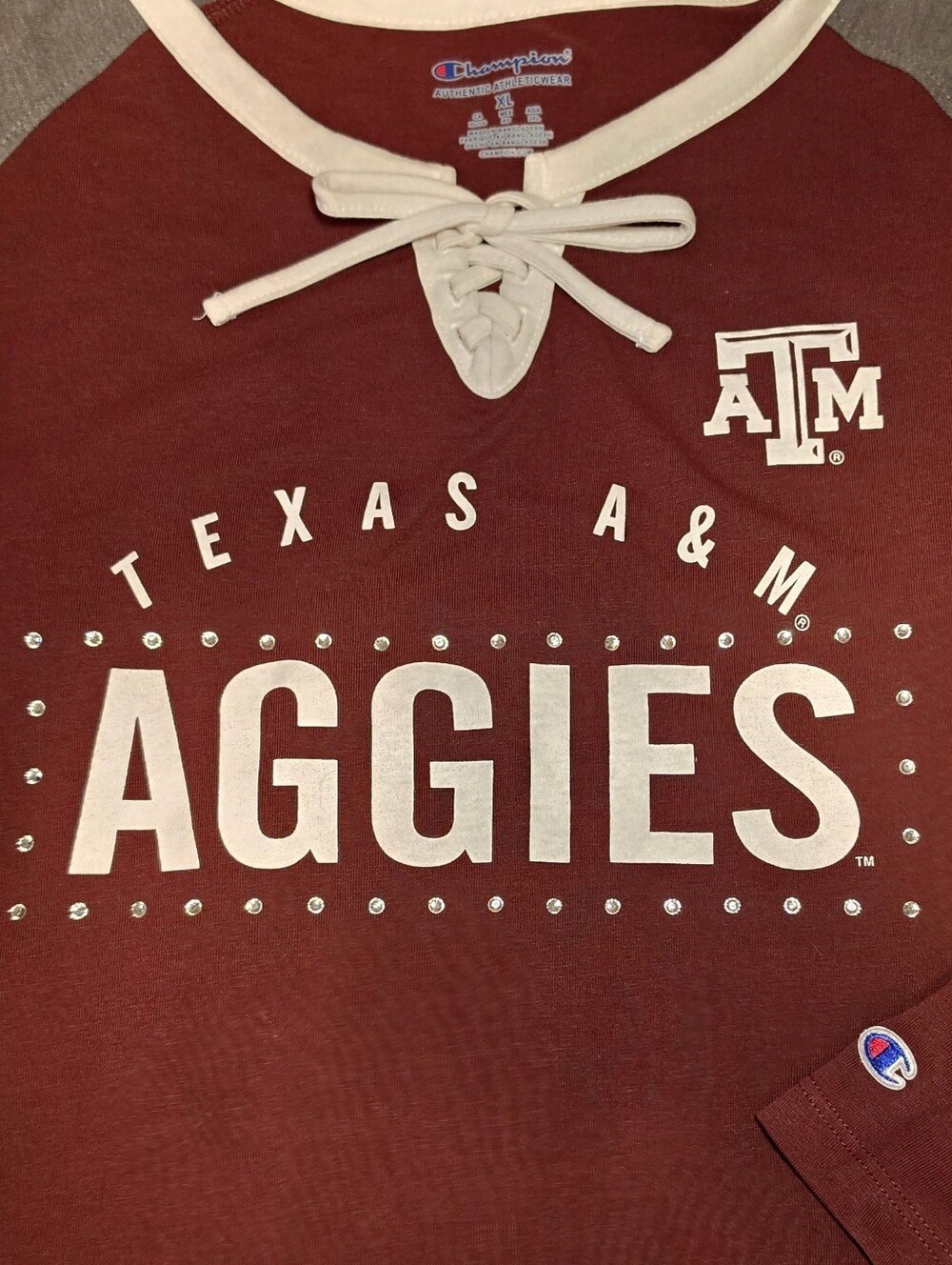 Champion Texas A&M Aggies Long Sleeve Lace Up V-neck Tshirt Maroon XL Rhinestone